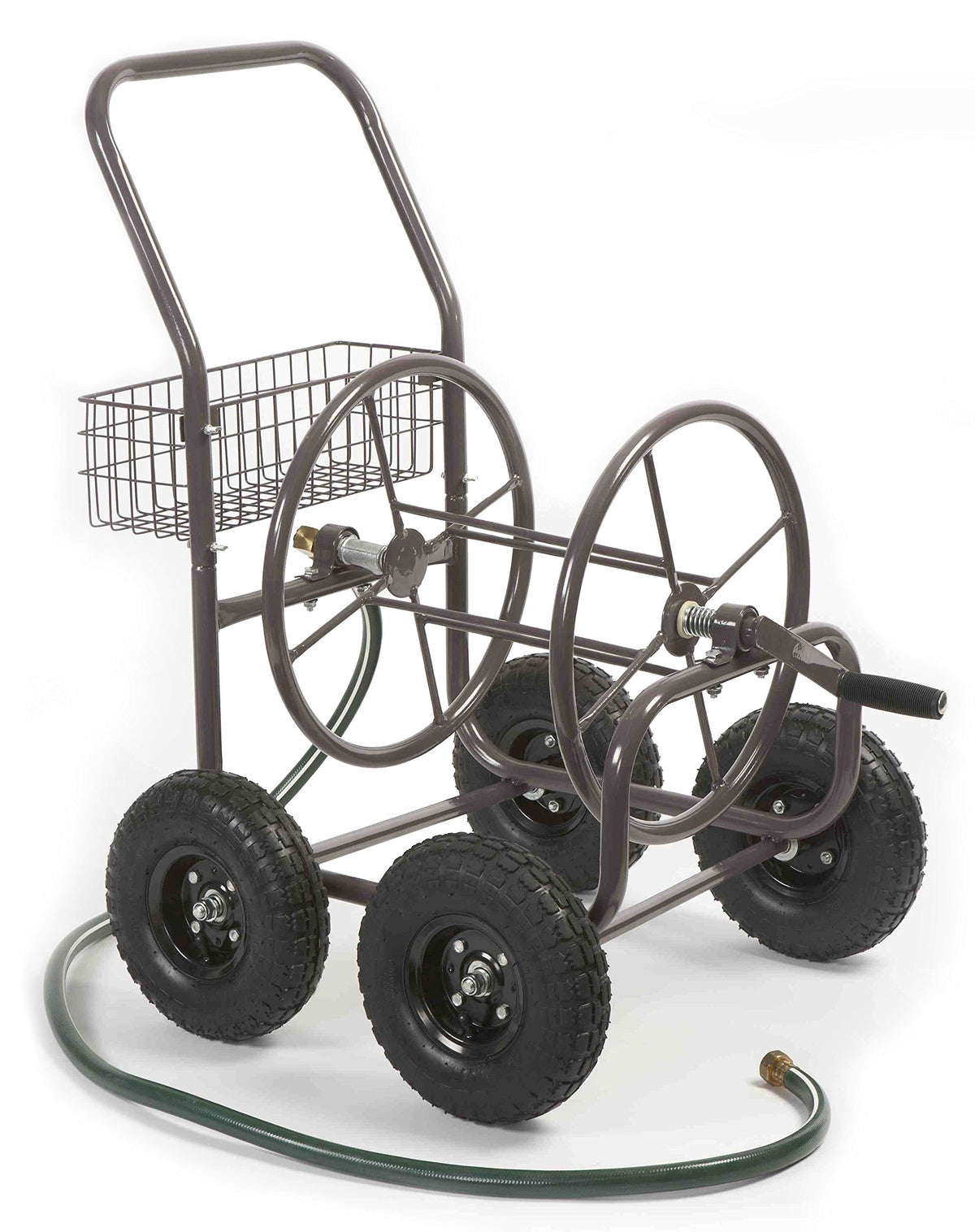 Four Wheel 250 Foot Capacity Steel Frame Water Hose Reel Cart with Basket A230684