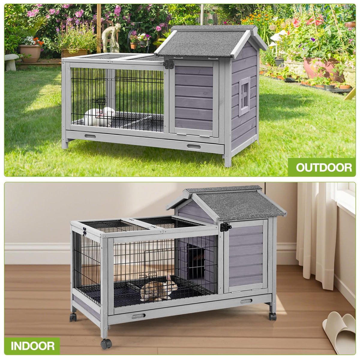 Wooden Rabbit Hutch with Removable Wire Netting and Leak Proof Tray W796
