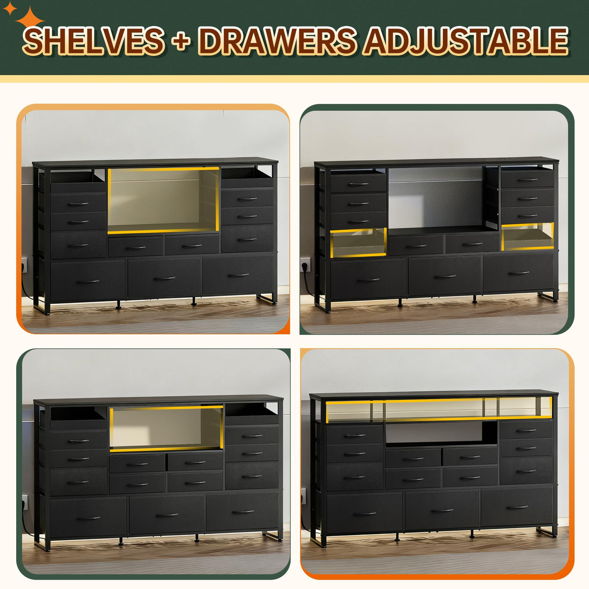 Black TV Stand with LED Lights & Charging Station, 15 Fabric Drawers G912327