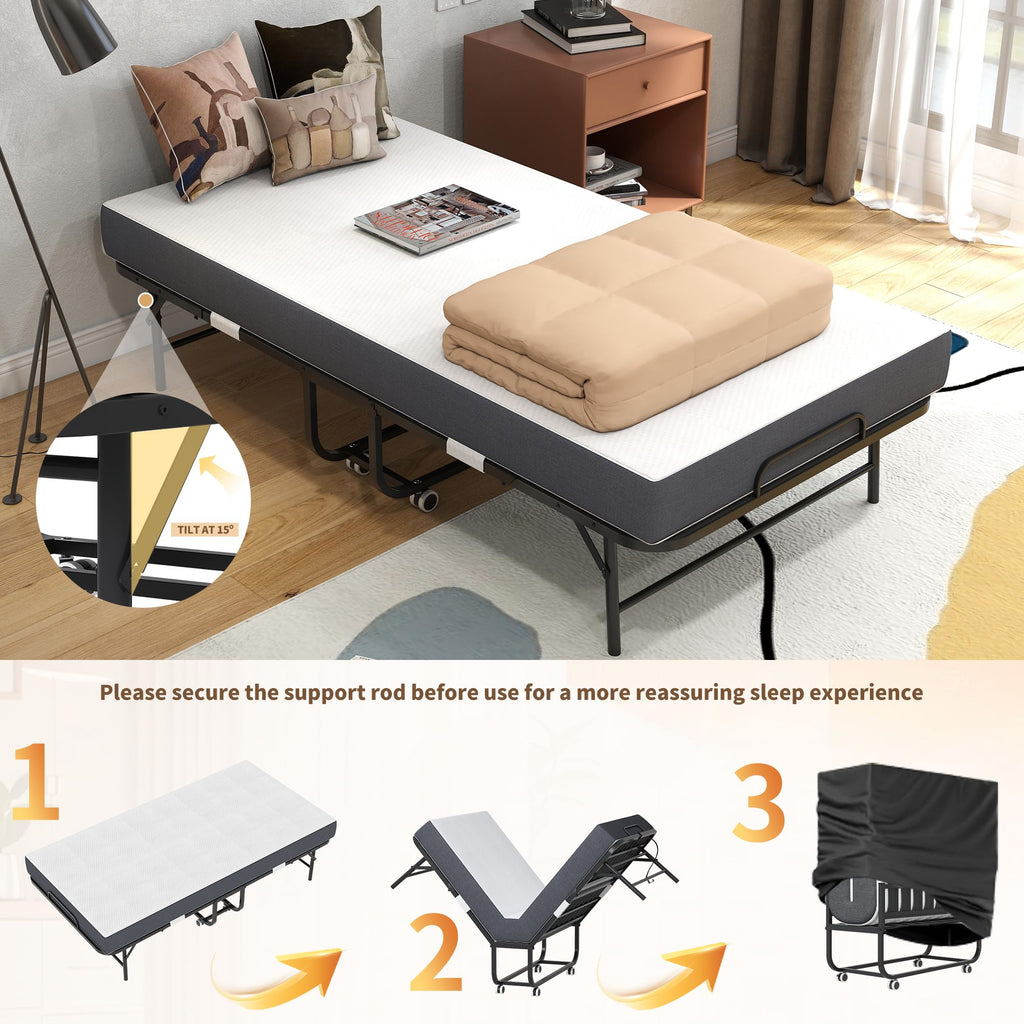 Folding Bed with Mattress, Twin Size, Portable Rollaway Bed on Wheels with Memory Mattress and Metal Frame V950