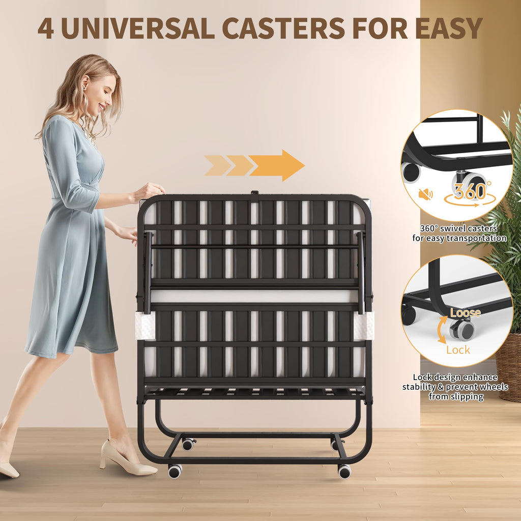 Folding Bed with Mattress, Twin Size, Portable Rollaway Bed on Wheels with Memory Mattress and Metal Frame V950