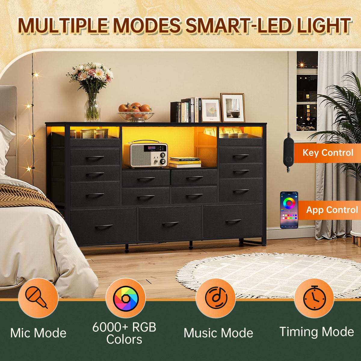 Black TV Stand with LED Lights & Charging Station, 15 Fabric Drawers G912327