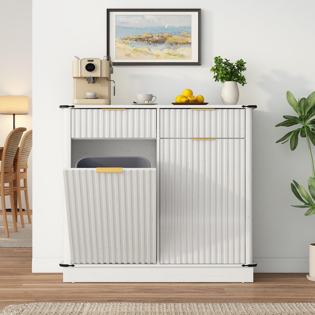 White 20 Gallon Tilt Out Trash Cabinet with Charging Station and 2 Drawers T533