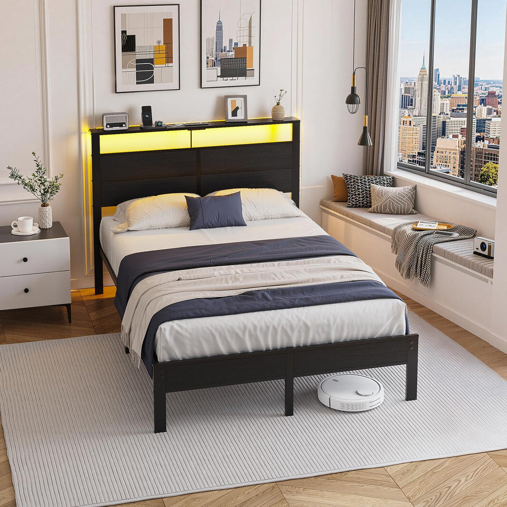 Full Size Metal Bed Frame with Storage Headboard O235