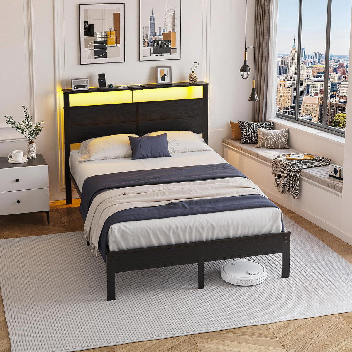 Full Size Metal Bed Frame with Storage Headboard O235