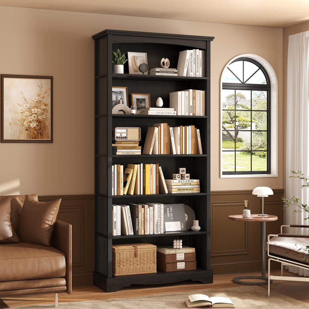 6-Tier 76 Inch Tall Black Wooden Bookshelf V881253