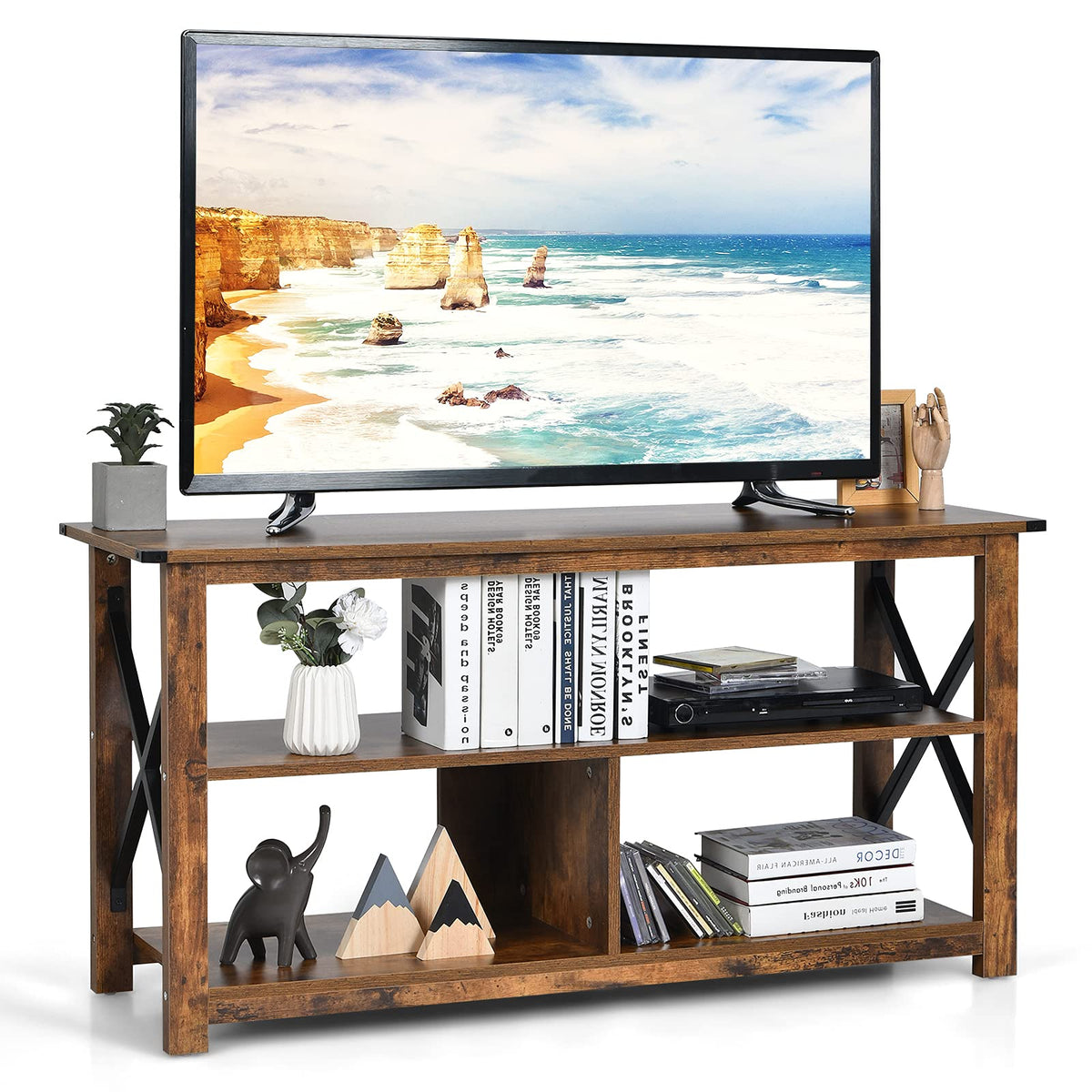Brown 3 Tier Wood TV Stand with Open Shelves H327