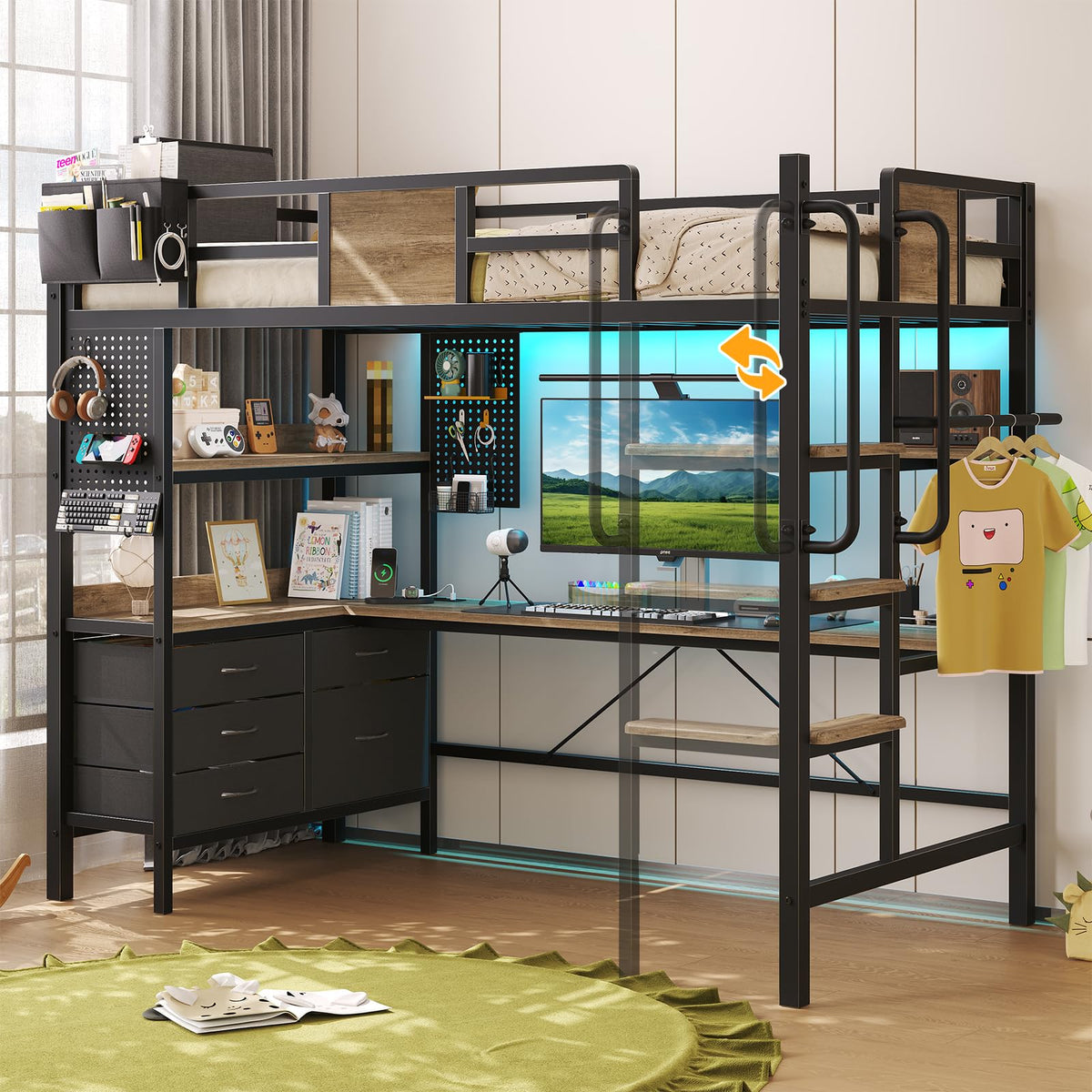 Twin Size Loft Bed with Desk and 5 Drawer H74418