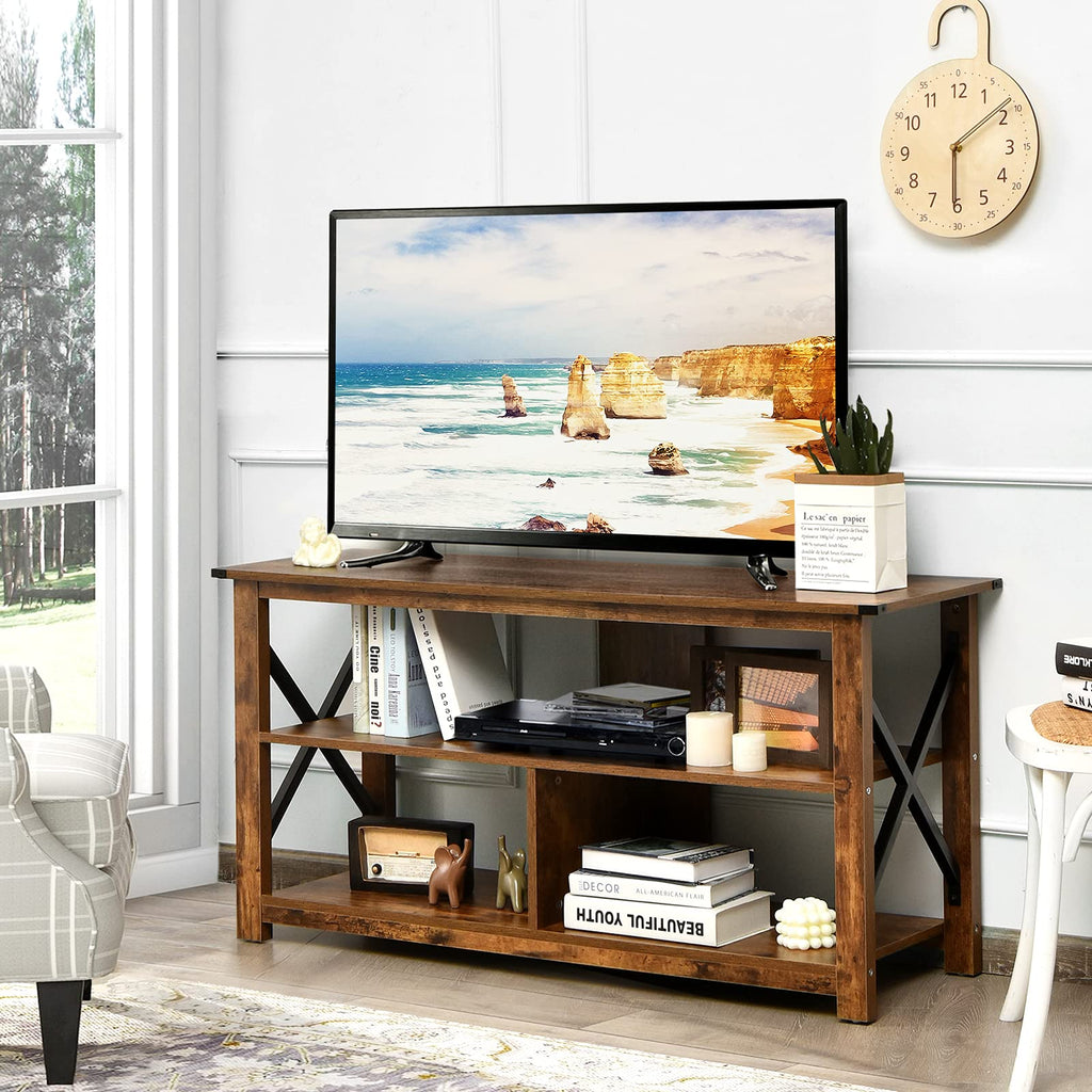 Brown 3 Tier Wood TV Stand with Open Shelves H327