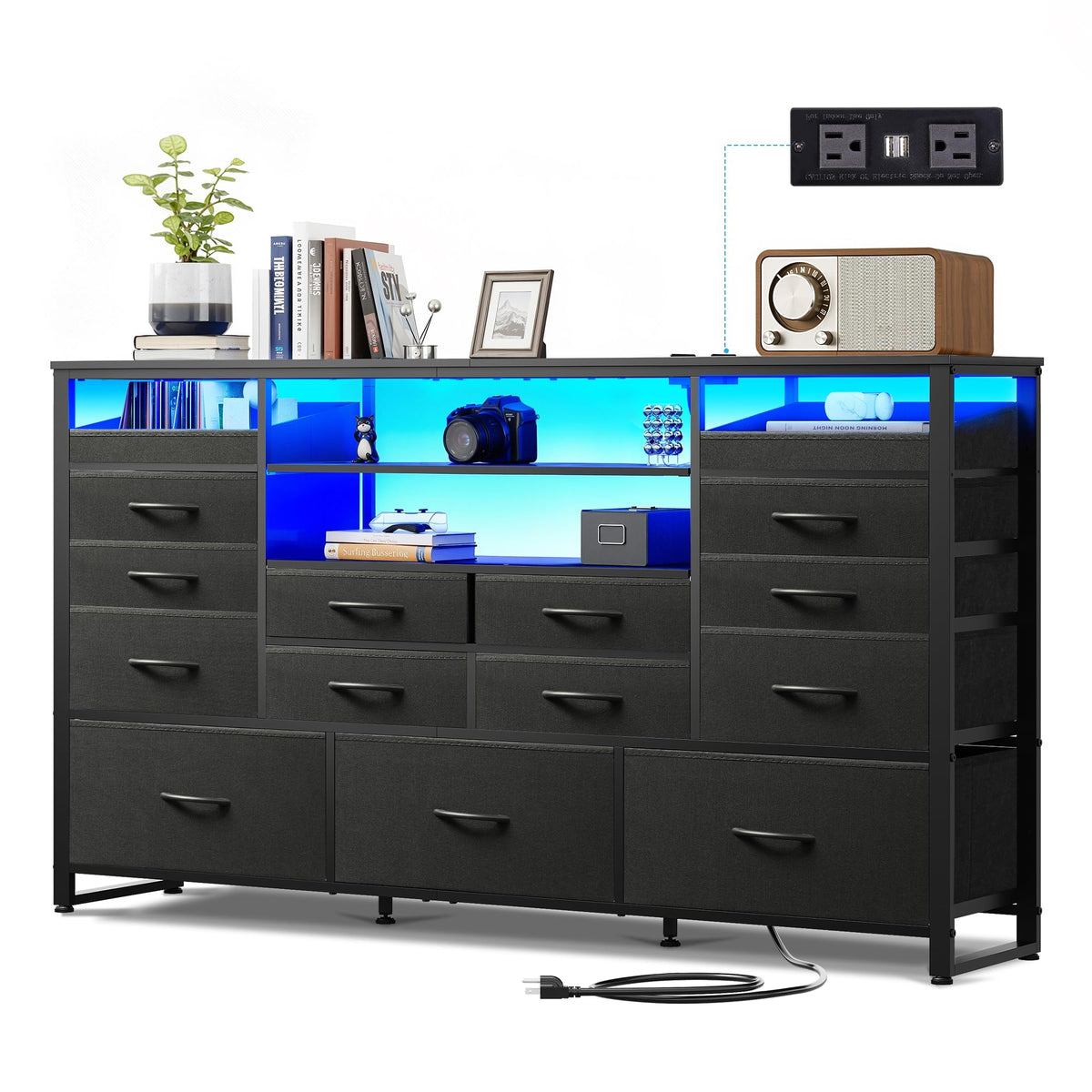 Black TV Stand with LED Lights & Charging Station, 15 Fabric Drawers G912327