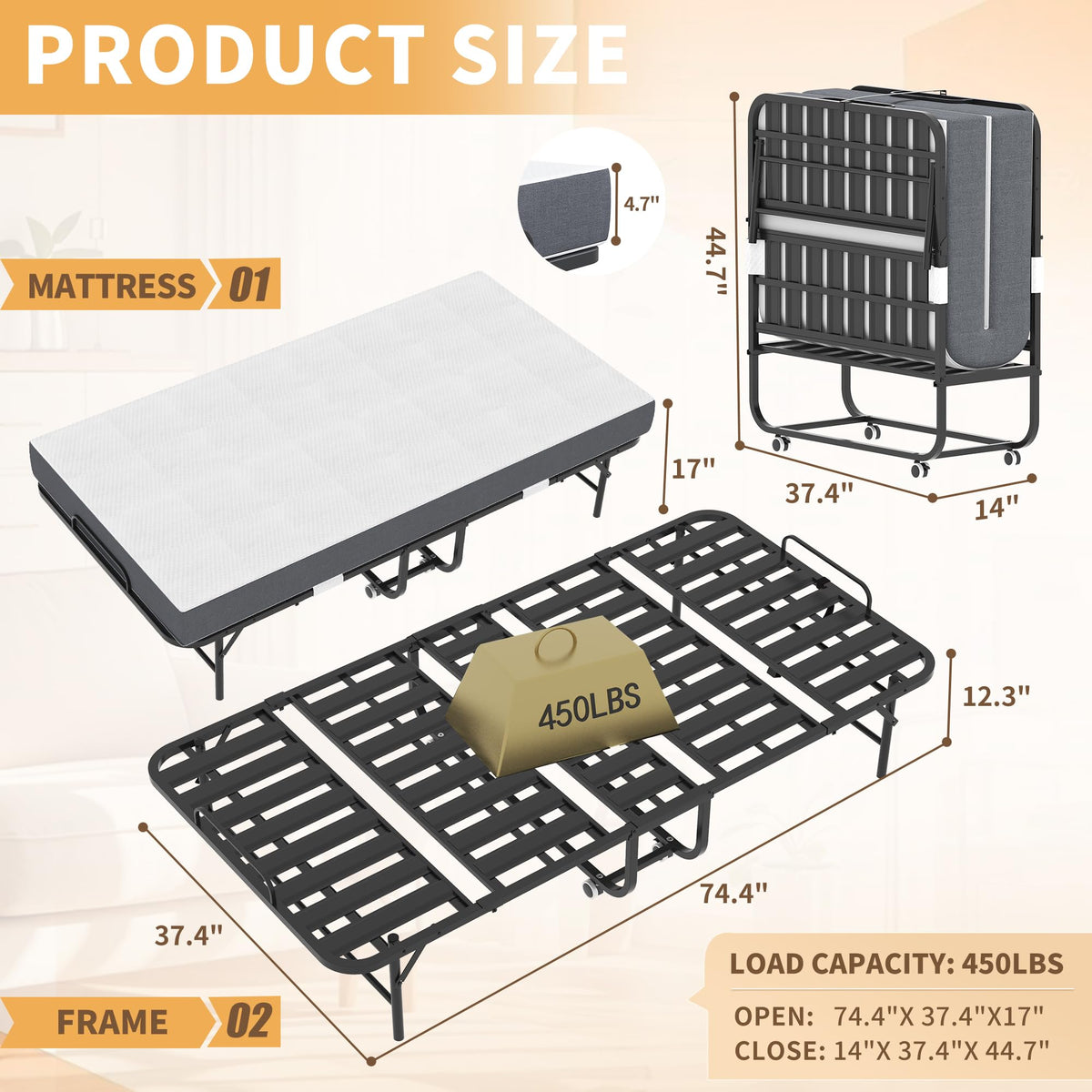 Folding Bed with Mattress, Twin Size, Portable Rollaway Bed on Wheels with Memory Mattress and Metal Frame V950