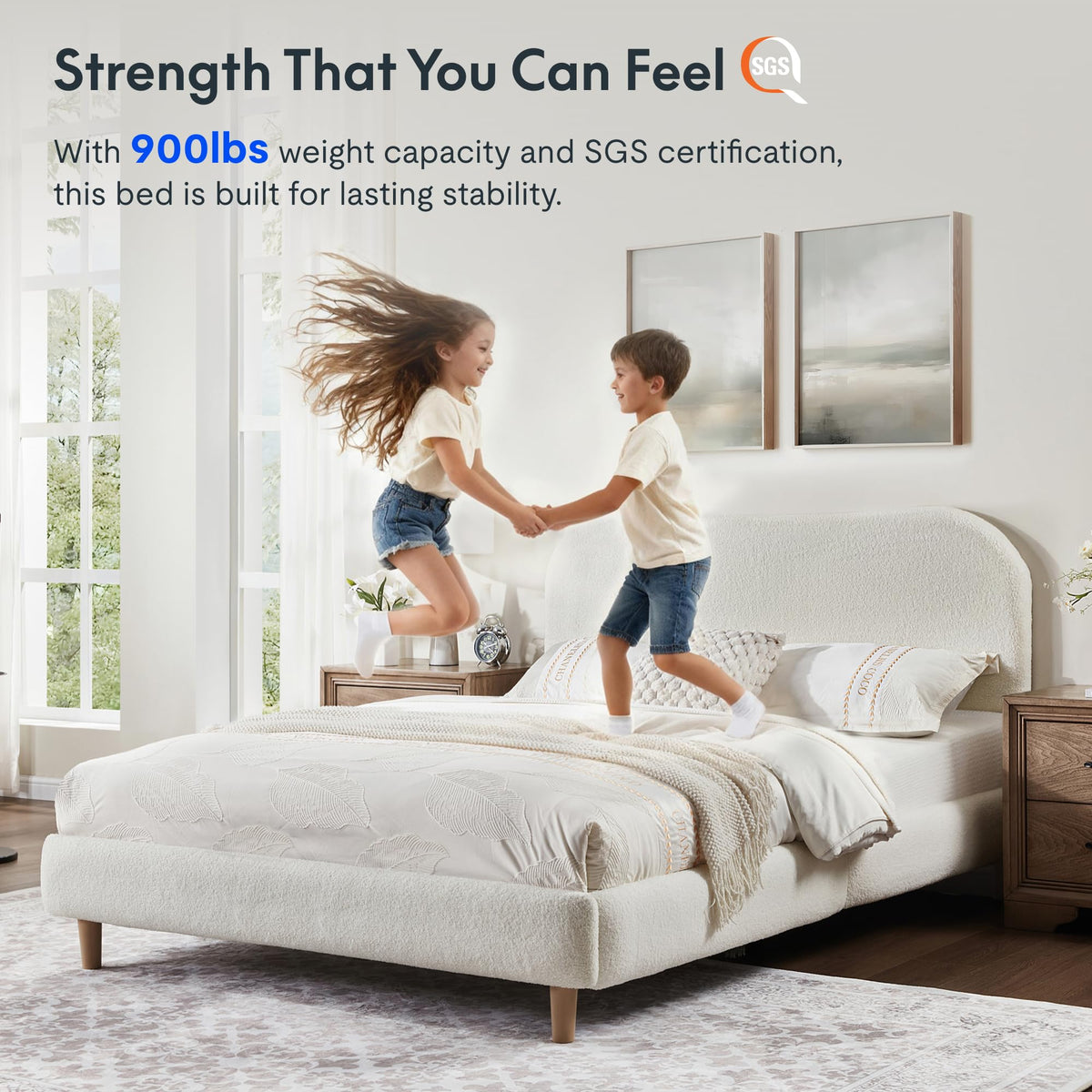 Queen Size White Boucle Bed Frame H51315