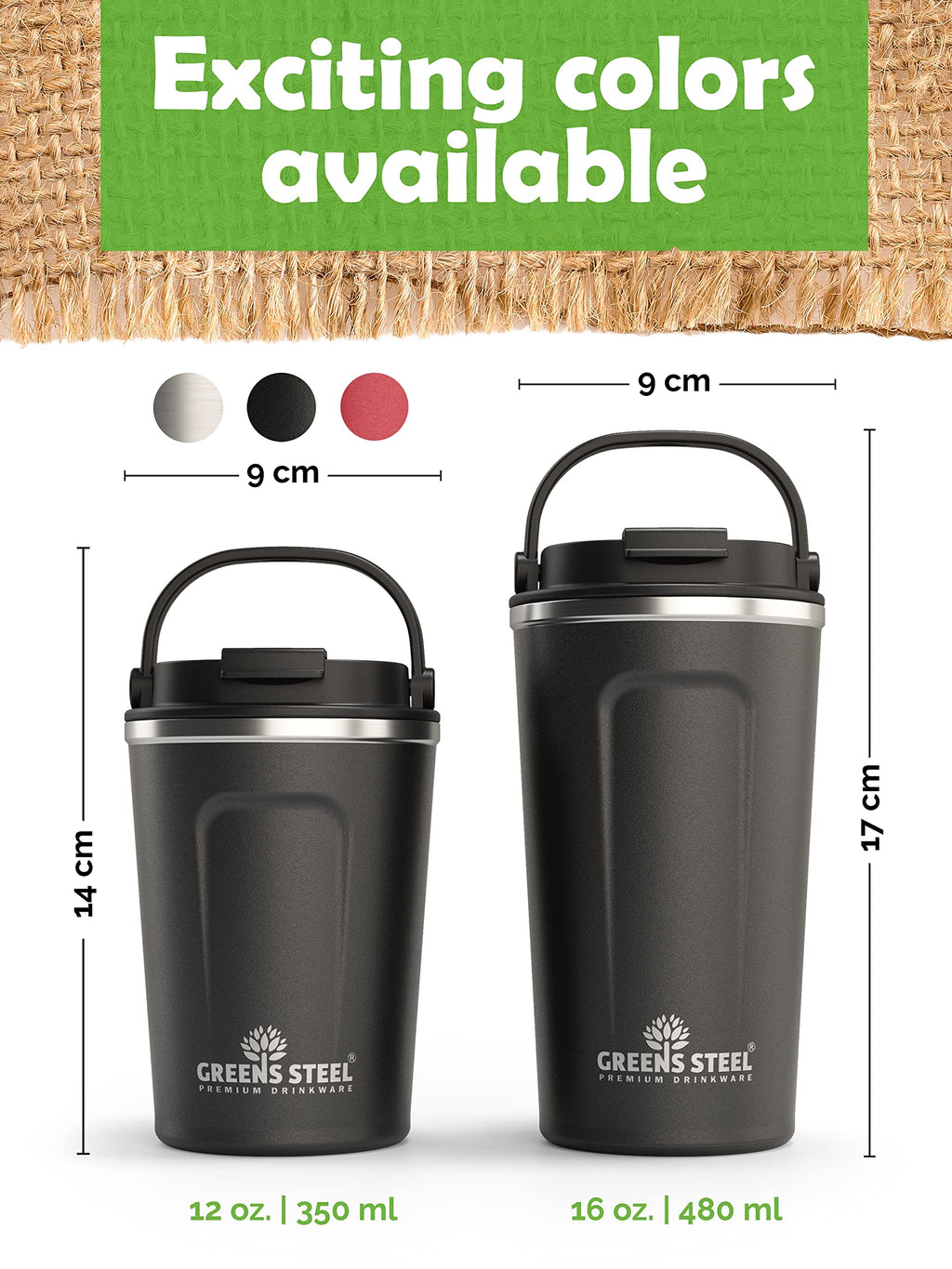 16 oz Black Stainless Steel Insulated Coffee Cup with Lid and Handle Q374