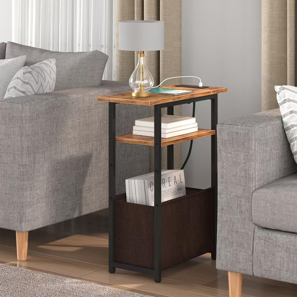 Narrow Side Table with Charging Station, 3 Tier End Table with Storage Basket N607