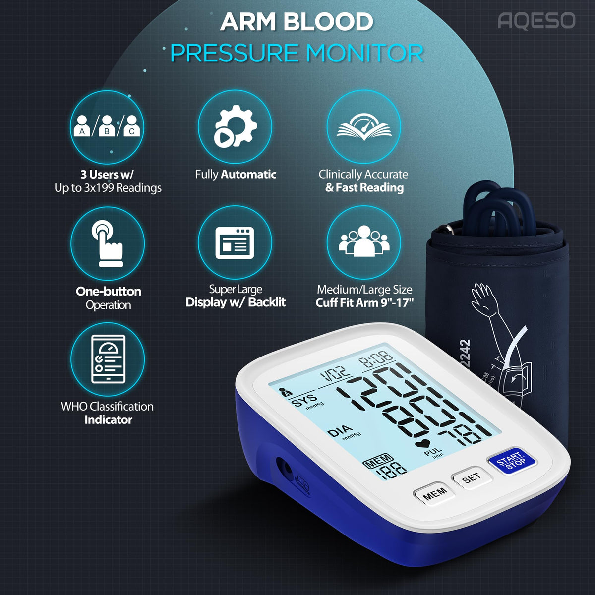 Automatic Digital Blood Pressure Monitor, 9-17 Inches Cuff, Large Backlit Screen W608981