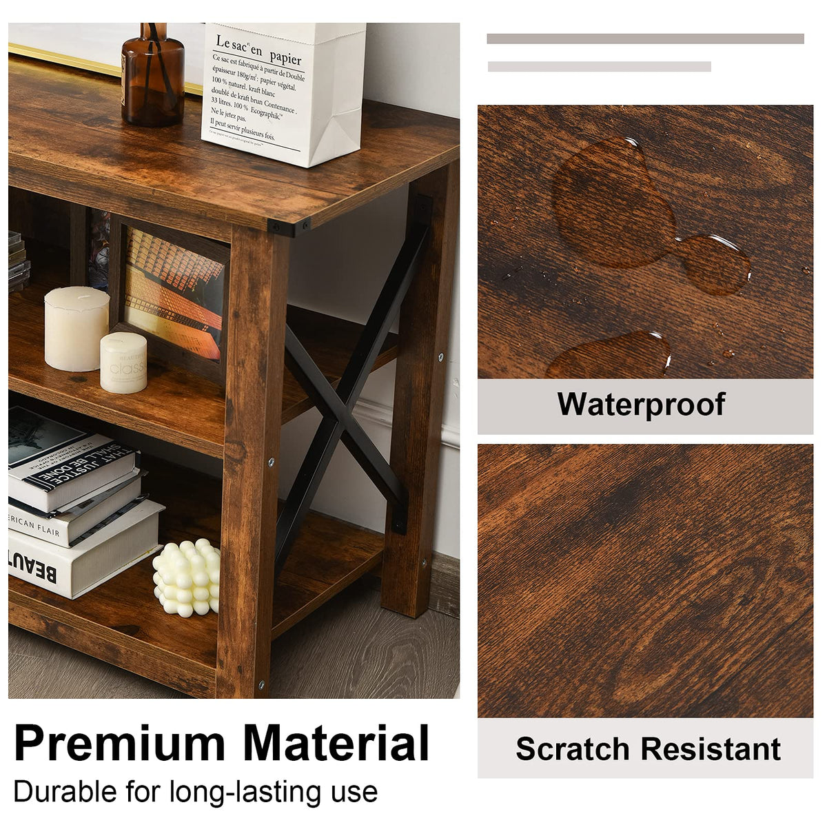 Brown 3 Tier Wood TV Stand with Open Shelves H327