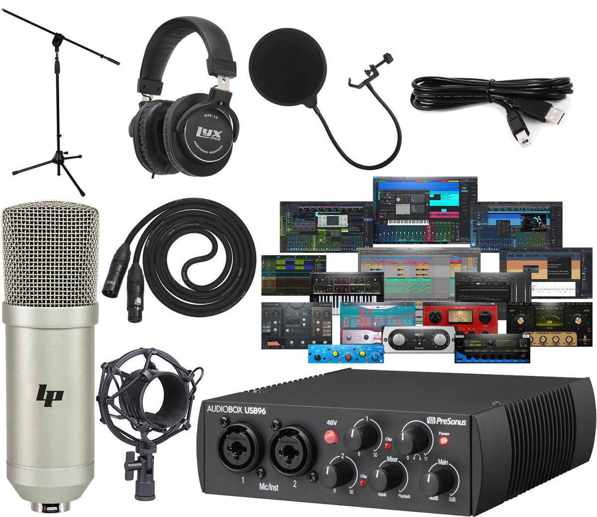 USB Audio MIDI Interface Recording Bundle with Condenser Microphone and Headphones B5375