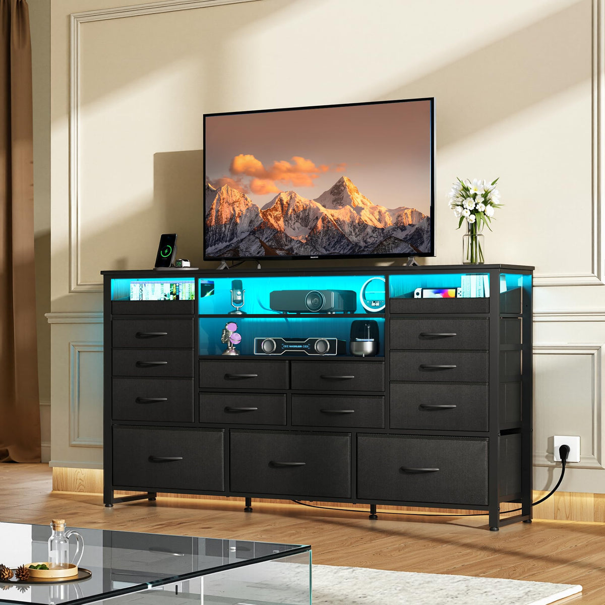 Black TV Stand with LED Lights & Charging Station, 15 Fabric Drawers G912327