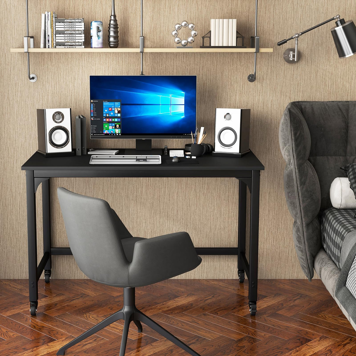 48” Mobile Computer Desk with 4 Lockable Wheels, Black Metal Frame F7912