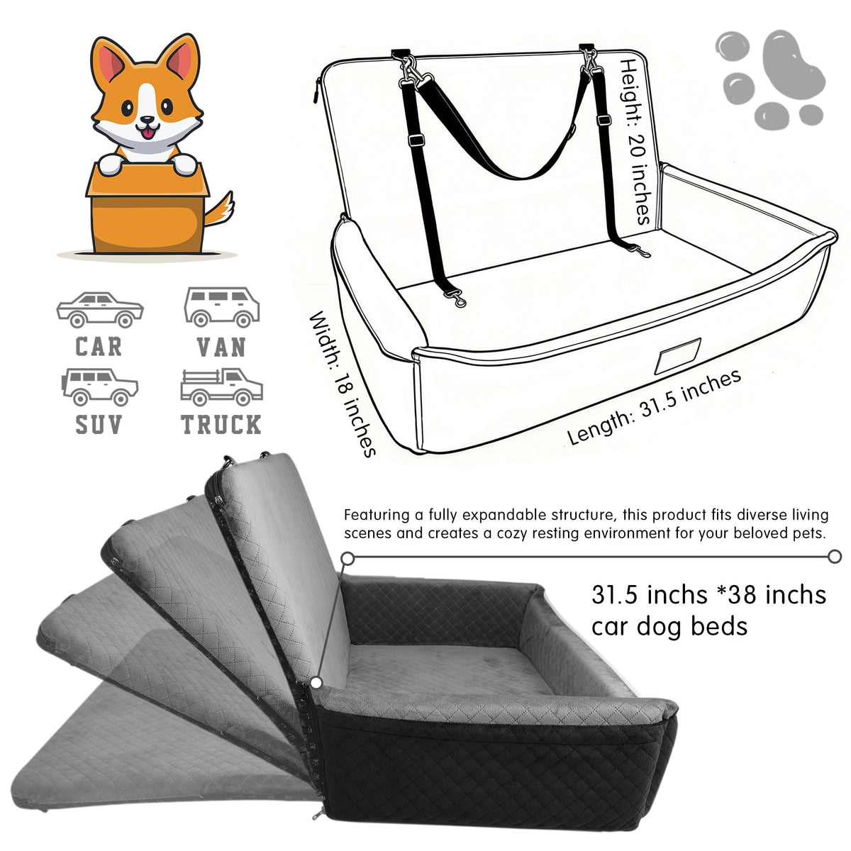 Large Dog Car Seat Portable Travel Dog Bed Velvet Memory Foam C2675