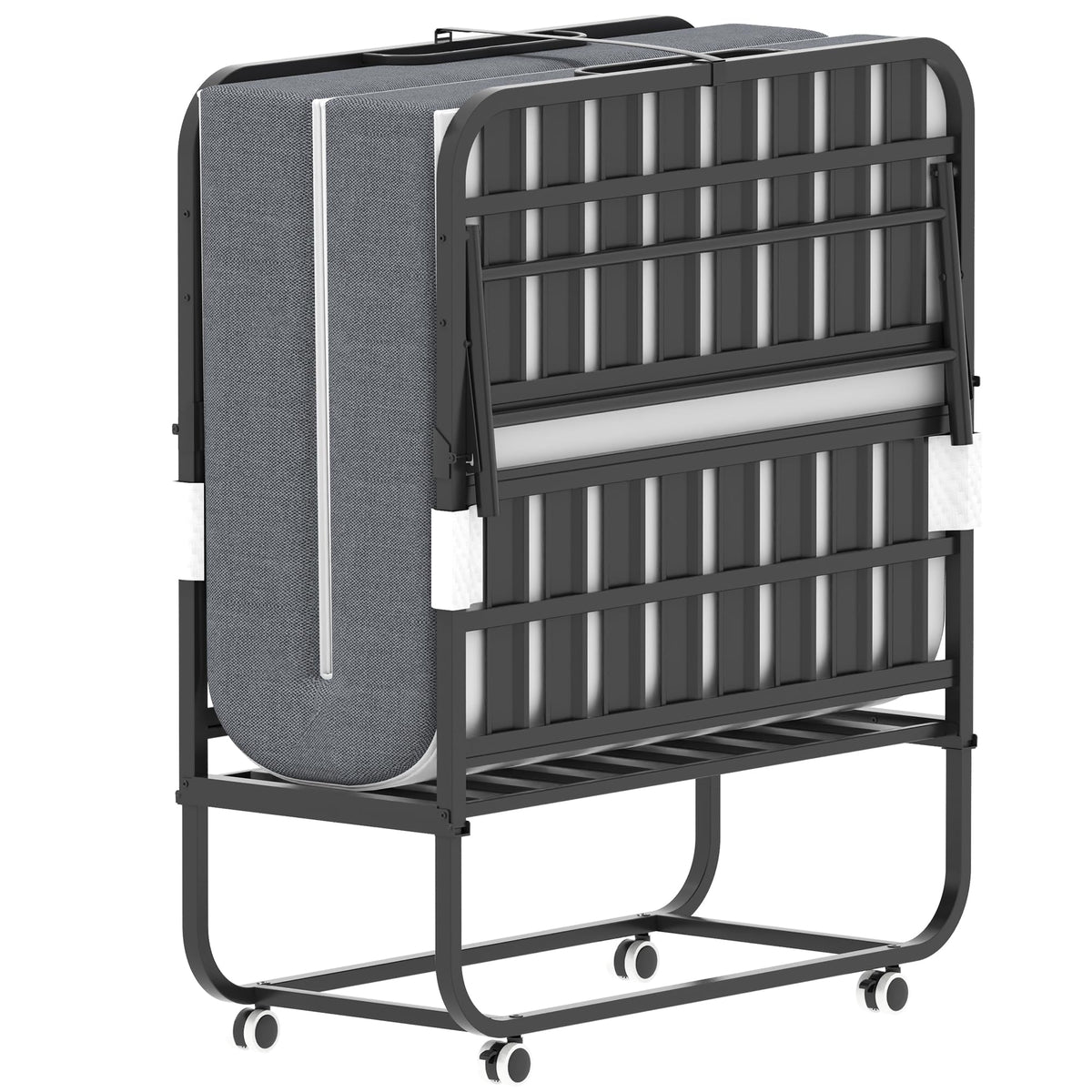 Folding Bed with Mattress, Twin Size, Portable Rollaway Bed on Wheels with Memory Mattress and Metal Frame V950