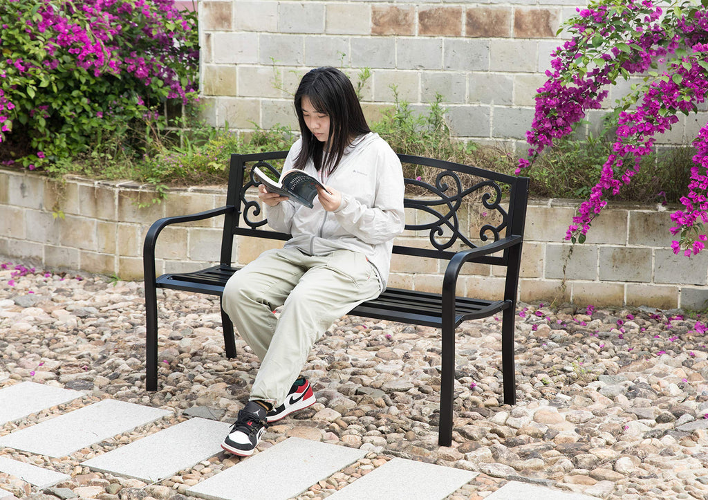 Steel Outdoor Patio Garden Bench with Cast Iron Backrest J88456