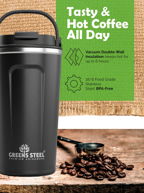16 oz Black Stainless Steel Insulated Coffee Cup with Lid and Handle Q374