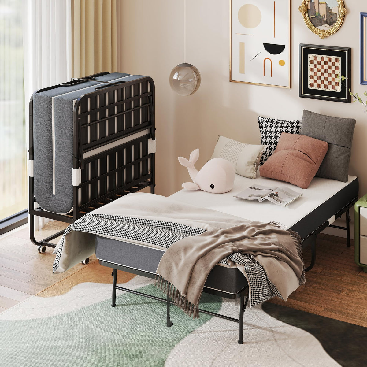 Folding Bed with Mattress, Twin Size, Portable Rollaway Bed on Wheels with Memory Mattress and Metal Frame V950