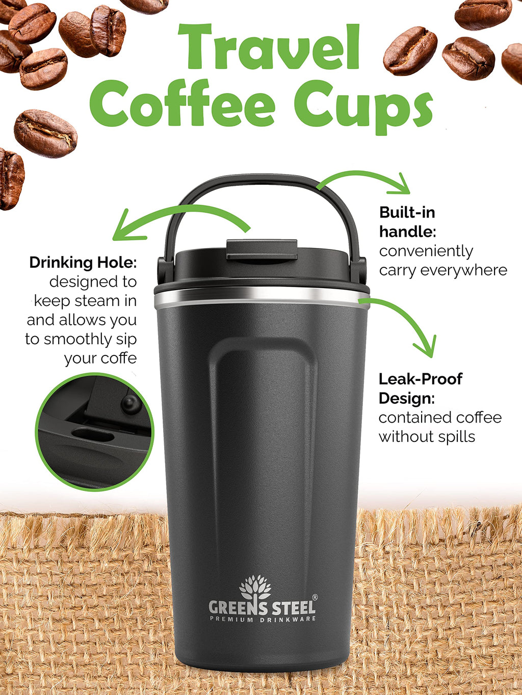 16 oz Black Stainless Steel Insulated Coffee Cup with Lid and Handle Q374