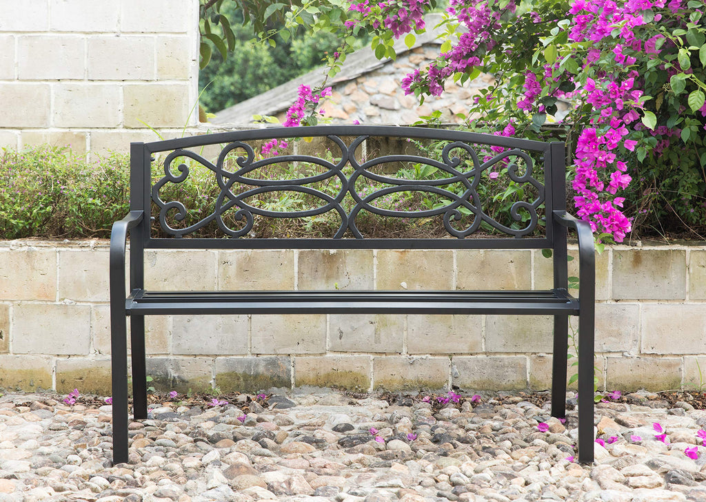 Steel Outdoor Patio Garden Bench with Cast Iron Backrest J88456