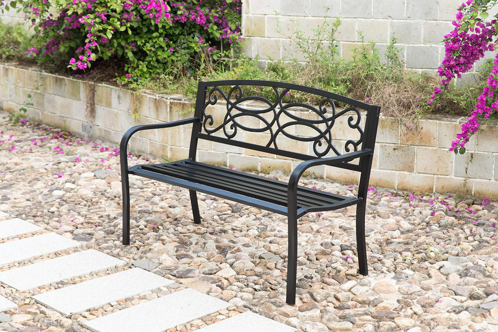 Steel Outdoor Patio Garden Bench with Cast Iron Backrest J88456