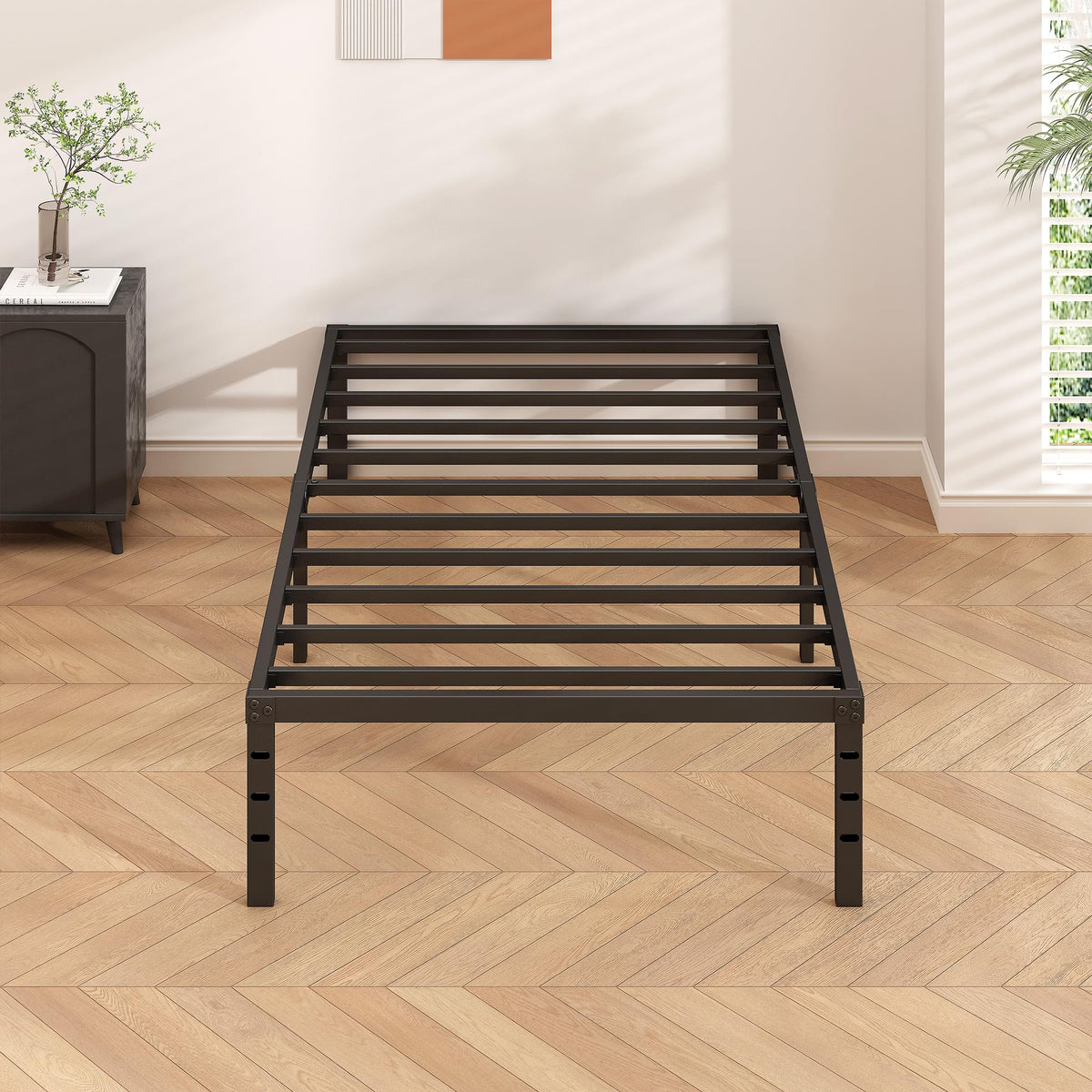 14 Inch Tall Black Metal Platform Twin Size Bed Frame V39540