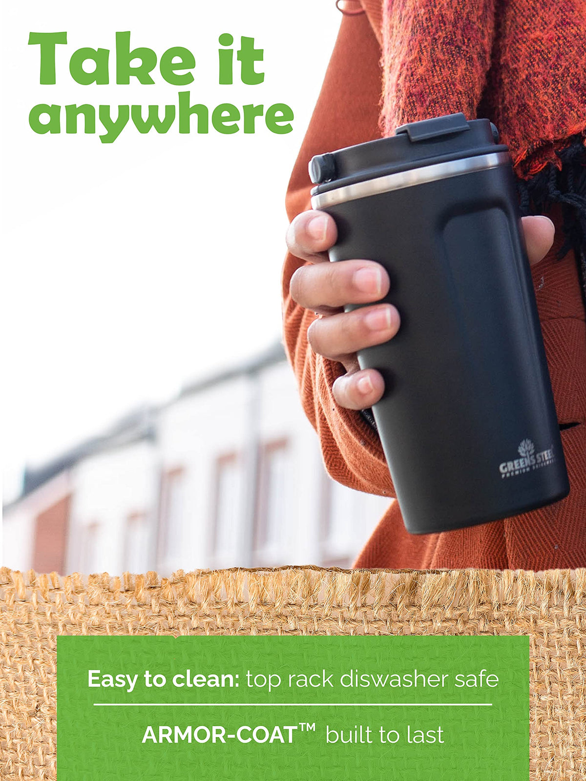16 oz Black Stainless Steel Insulated Coffee Cup with Lid and Handle Q374