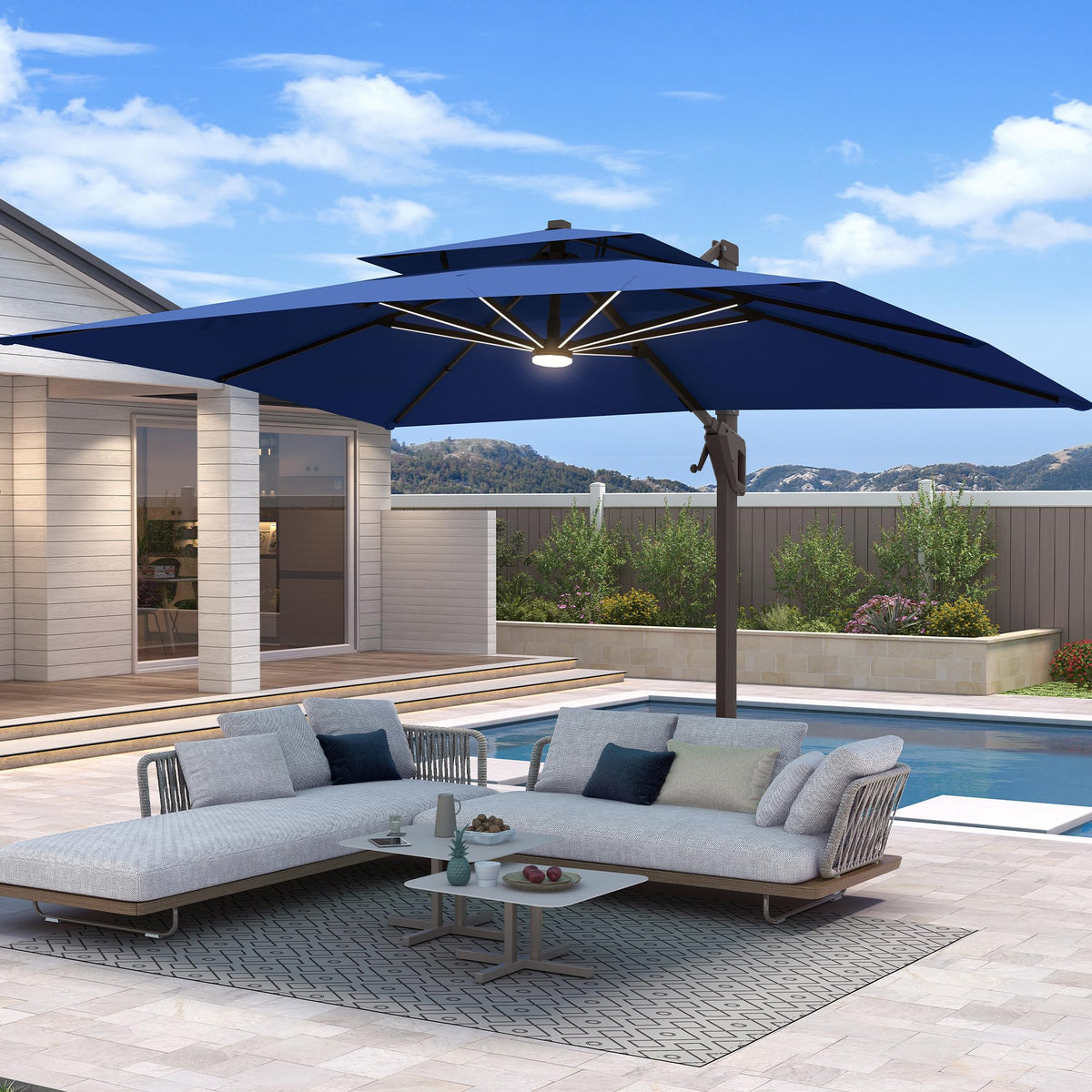 10 X 13 FT Cantilever Patio Umbrella with Base & Lights W434359