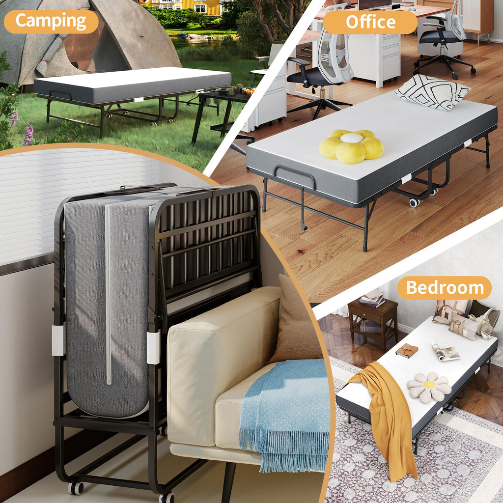 Folding Bed with Mattress, Twin Size, Portable Rollaway Bed on Wheels with Memory Mattress and Metal Frame V950