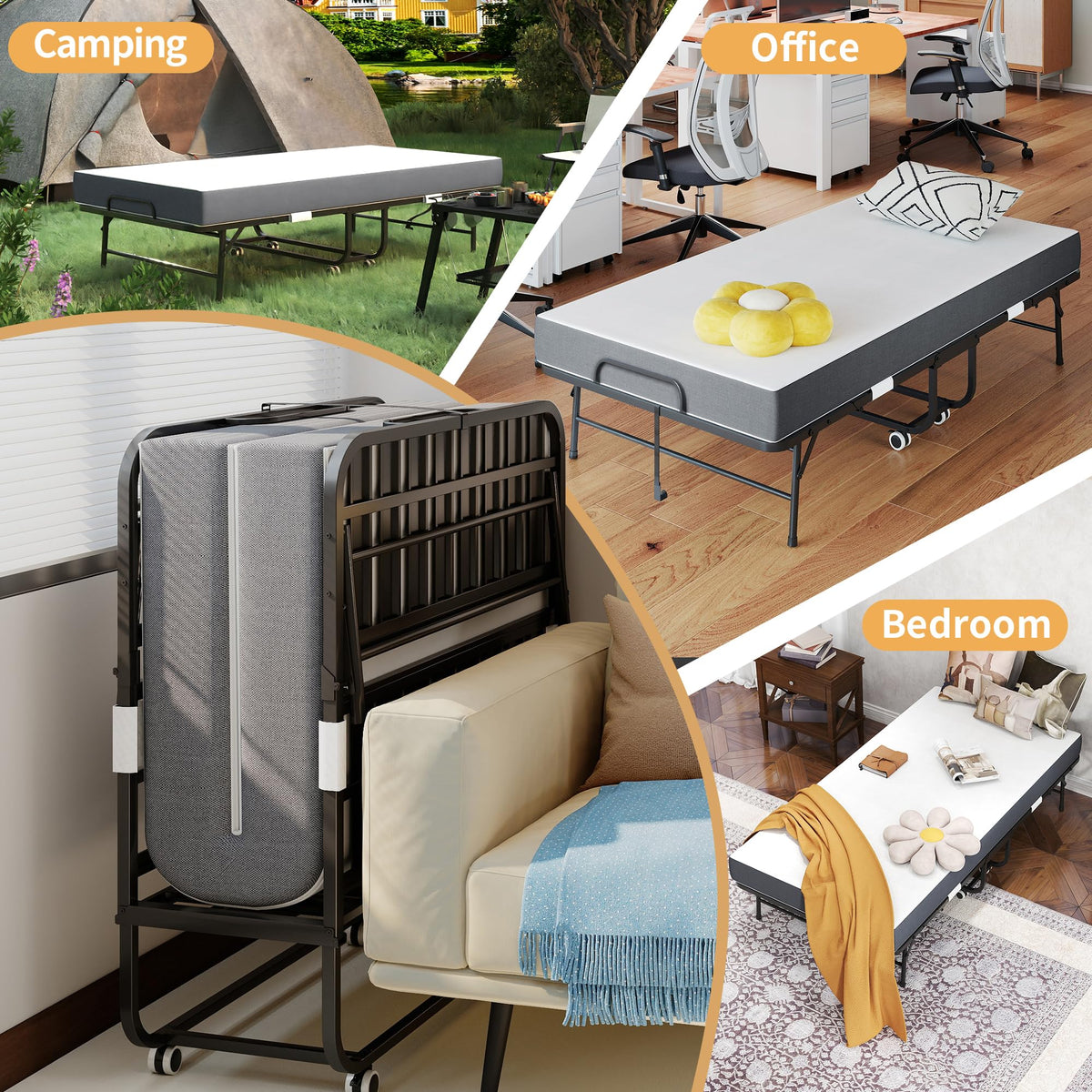 Folding Bed with Mattress, Twin Size, Portable Rollaway Bed on Wheels with Memory Mattress and Metal Frame V950