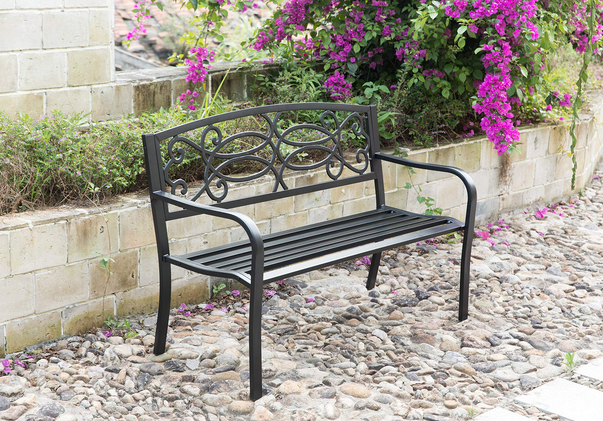 Steel Outdoor Patio Garden Bench with Cast Iron Backrest J88456