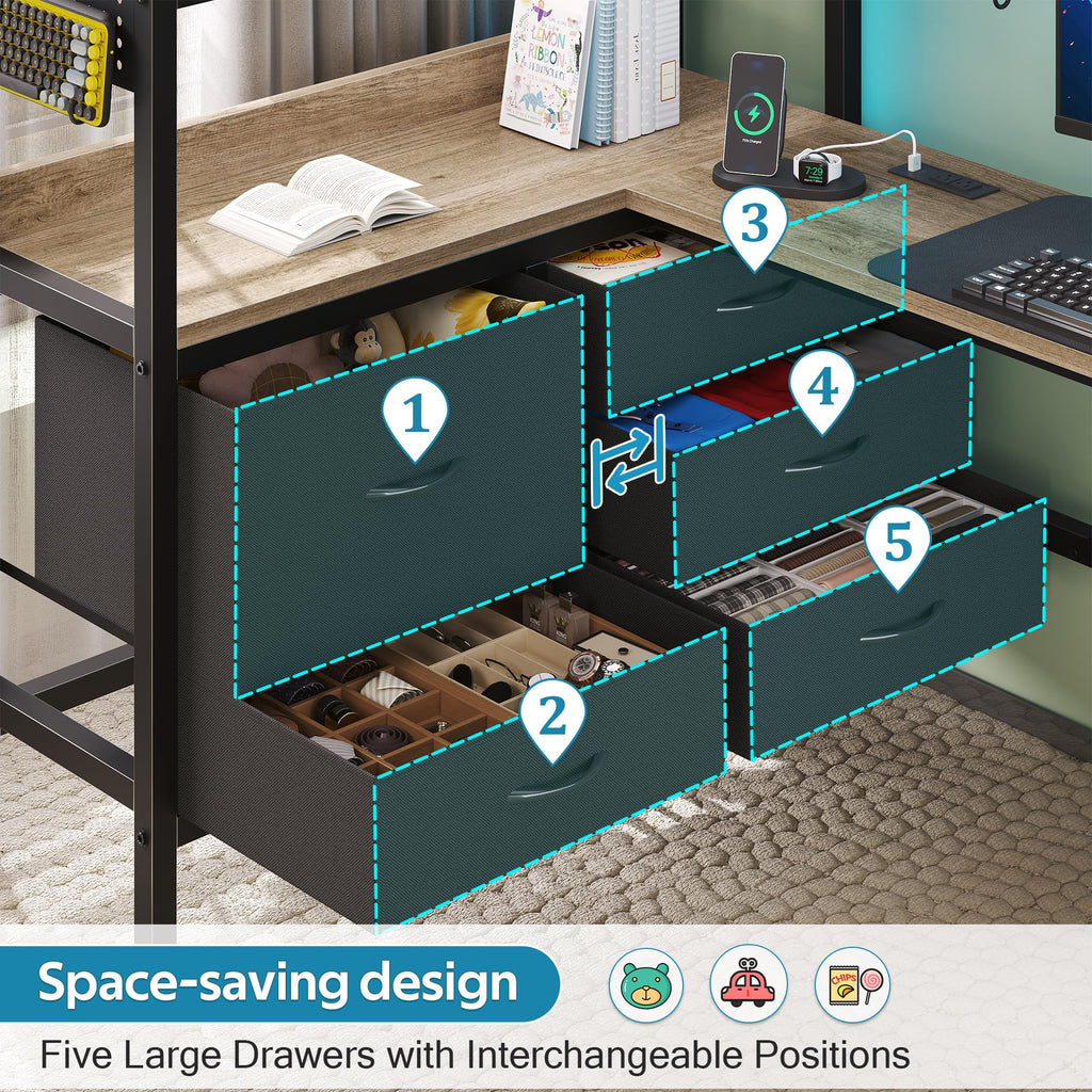 Twin Size Loft Bed with Desk and 5 Drawer H74418