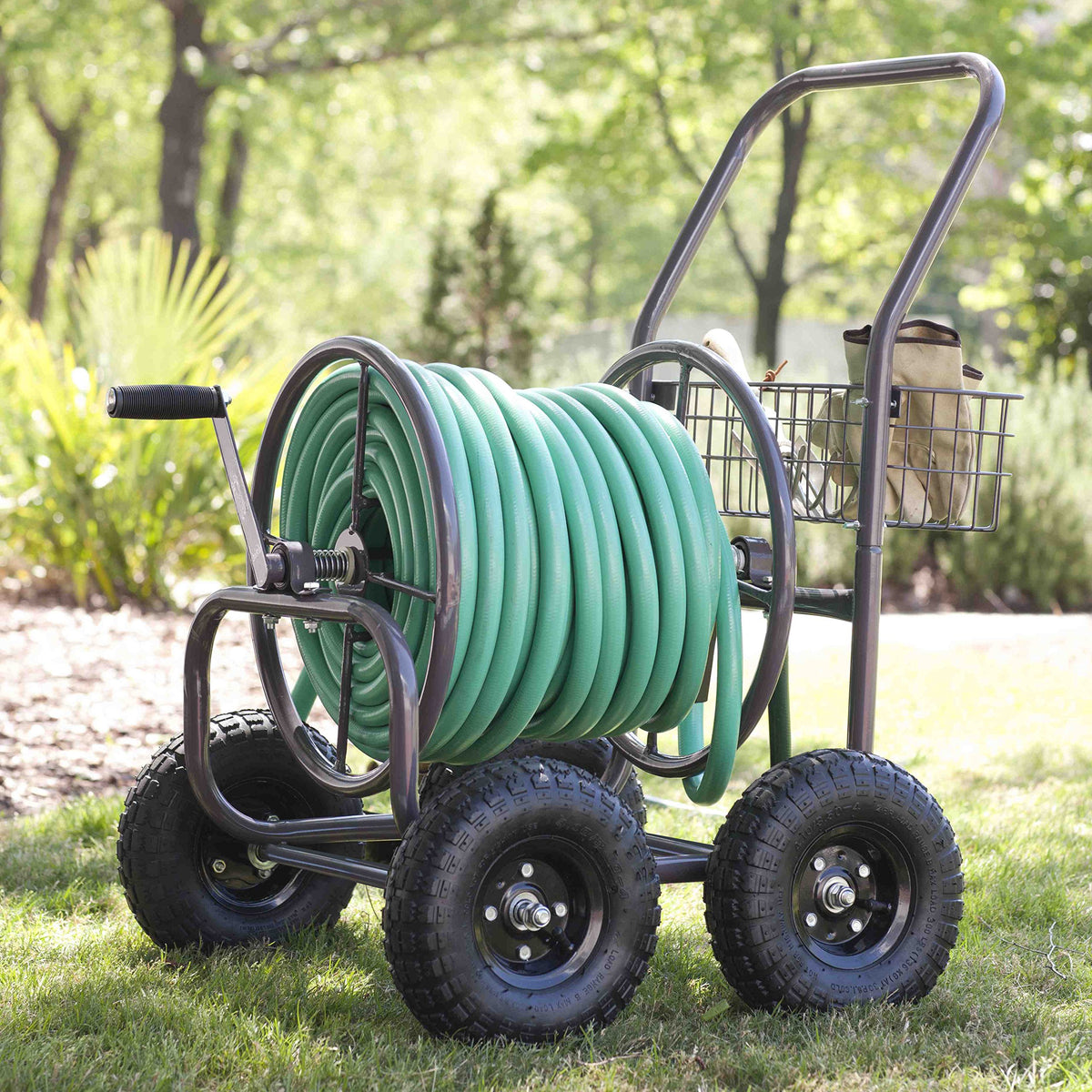 Four Wheel 250 Foot Capacity Steel Frame Water Hose Reel Cart with Basket A230684
